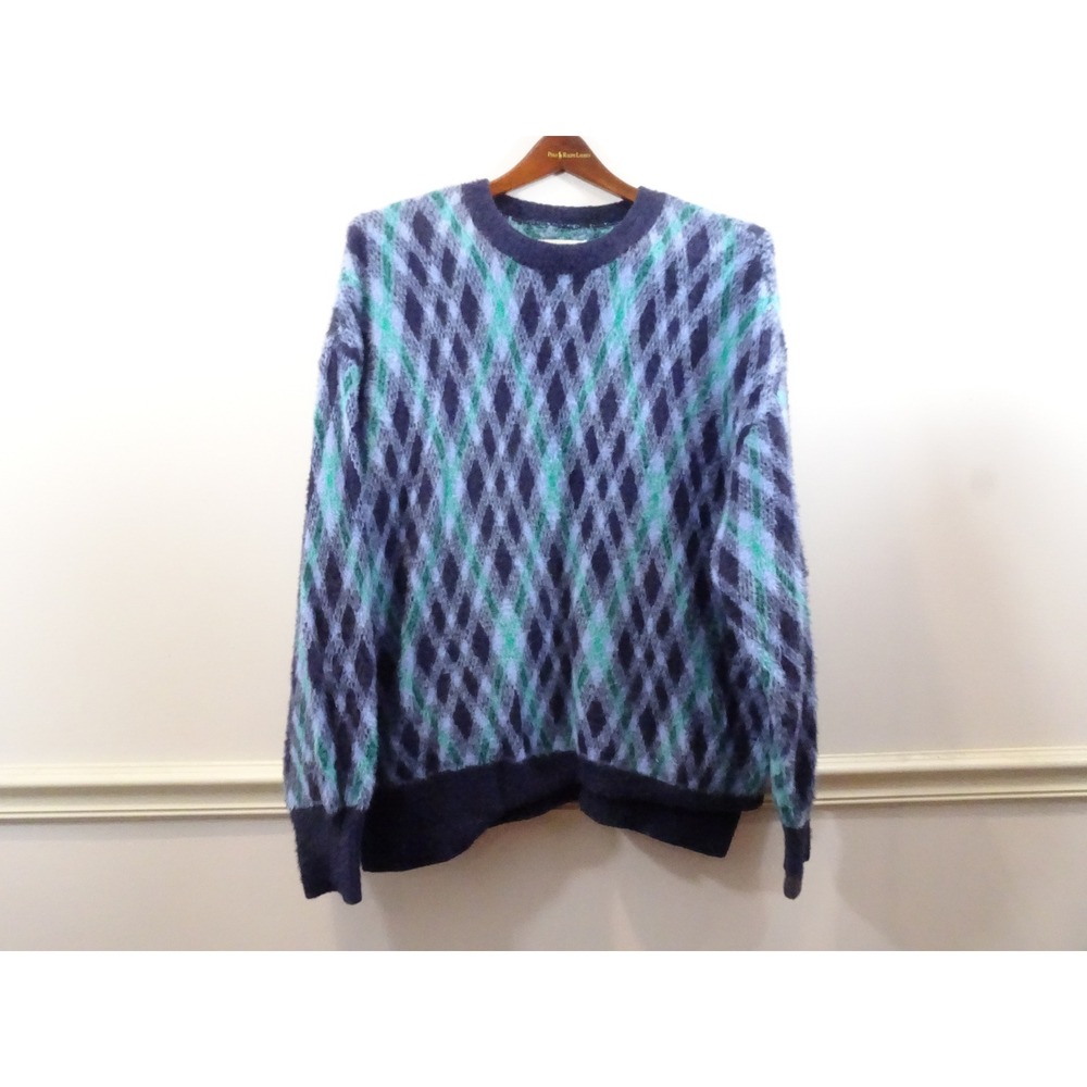 Aerie Argyle Fuzzy Eyelash Knit Sweater Navy Blue Teal Purple Large